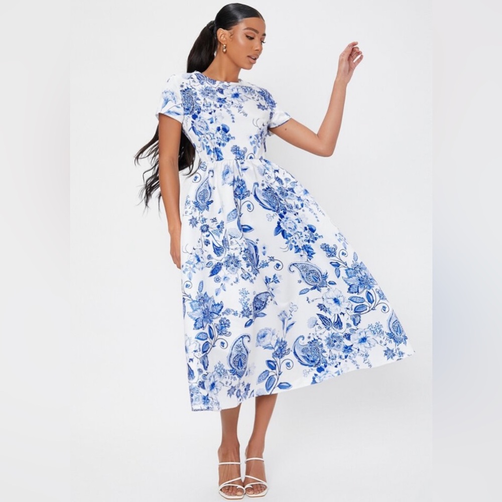 SHEIN Elegant Blue Floral Midi Dress